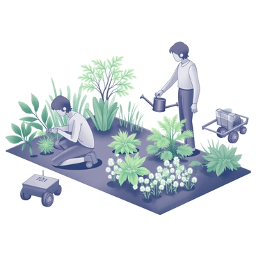 A lush garden filled with a variety of plants. The garden features vibrant green foliage along with assorted flowers and shrubs. Two humans, one kneeling and the other standing, are actively tending to the plants. The kneeling figure is carefully pruning a flowering plant, while the standing figure is watering a patch of soil with a watering can. Nearby, two robotic helpers are assisting in the garden. One robot is equipped with extending arms, gently cultivating the soil, while the other is moving a small cart filled with gardening tools. The scene captures a harmonious interaction between humans and technology in nurturing the plants.