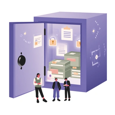 A digital flat illustration depicting a large vault door that is slightly ajar, revealing a glowing interior. Inside the vault, there are stacks of computer files and folders with various symbols representing encryption, such as padlocks and keys. The files are illuminated with a soft blue light, casting shadows onto the walls of the vault. Surrounding the vault are digital elements, such as binary code and circuit patterns, emphasizing the theme of secure data. An abstract representation of customers is included, displayed as silhouettes in front of the vault, indicating the concept of customer data security.