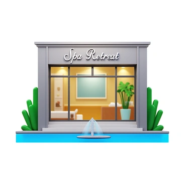 A spa storefront with large glass windows showing interior elements. The entrance is framed by lush green plants and calming water features, including a small fountain. Soft lighting illuminates the exterior, creating a welcoming atmosphere. The storefront displays a sign that reads, "Spa Retreat," in elegant lettering.