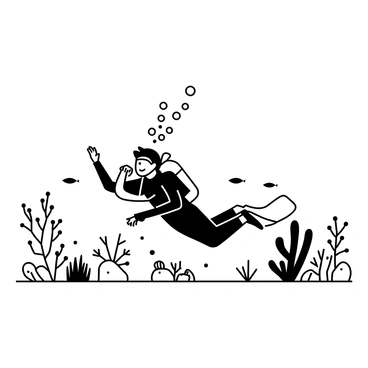 A diver wearing a wetsuit and an oxygen tank is swimming among vibrant coral reefs. The diver is mid-motion, with arms extended to explore the underwater landscape. Surrounding the diver are various shapes and sizes of corals, some resembling branching trees and others looking like soft fans. Small fish dart in and out of the coral formations. Bubbles rise from the diver as light filters down from the surface, creating a dynamic play of shadows and highlights in the underwater scene.