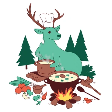 A teal elch with large antlers is wearing a white chef's hat. The elch is stirring a big pot of soup that is placed over a campfire, which has bright flames flickering beneath it. Surrounding the campfire, there are various cooking utensils and fresh vegetables laid out. The elch's expression is focused as it carefully mixes the ingredients in the pot, sending a light steam rising into the air. In the background, there are trees that hint at a forest setting, creating a cozy atmosphere around the campfire scene.
