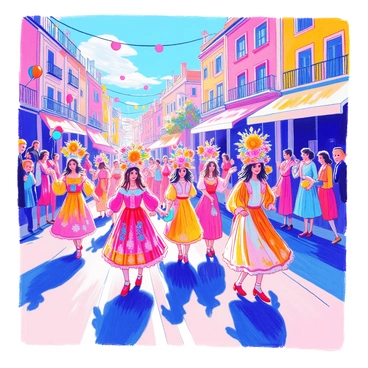 A parade is taking place in a vibrant outdoor setting. The participants are marching along a wide street, wearing elaborate flower crowns that enhance their colorful costumes. Each crown features a mix of bright blooms, such as sunflowers, daisies, and roses. The costumes are adorned with intricate patterns and bright colors, including shades of red, blue, and yellow. Some participants are dancing joyfully, while others are waving to the crowd. The onlookers are gathered along the sides of the street, enjoying the festive atmosphere. Balloons and banners decorate the surroundings, adding to the celebratory feel of the event.