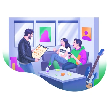 A dressing room filled with band members chatting animatedly after a concert. One member, wearing a black leather jacket, is holding a clipboard while reviewing comments from the performance. Another member, dressed in a graphic tee and jeans, sits on a couch, laughing and holding a bottle of water. A third member, in a colorful hoodie, is leaning against the wall, scrolling through their phone. The room is decorated with vibrant posters of their band, and a mirror reflects their excited expressions. A guitar is propped up in the corner, and a few half-eaten snacks are scattered on a table.
