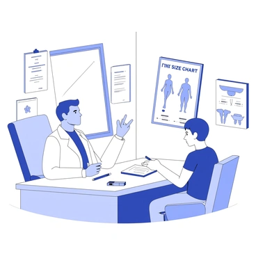 A doctor is sitting at a desk in a calm office environment, engaged in a discussion with a patient. The doctor appears professional, wearing a white coat and holding a pen, while a clipboard rests on the desk. On the desk, there is a "penis size chart" displayed prominently, featuring various measurements and illustrations. The patient sits across from the doctor, maintaining eye contact, with a thoughtful expression. The walls of the room are adorned with medical certificates and anatomical posters, contributing to the clinical atmosphere. A window allows natural light to filter in, highlighting the serious yet open nature of the conversation.