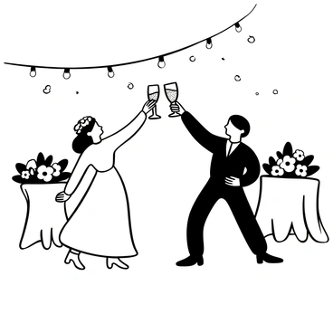 A couple standing together at a reception, both holding champagne glasses raised high in celebration. The glasses are filled with sparkling liquid, reflecting light. They are surrounded by elegantly decorated tables with white tablecloths and floral centerpieces. In the background, there are decorative string lights overhead creating a festive atmosphere. The couple is wearing formal attire, with the woman in a flowing gown and the man in a classic suit. The overall scene captures the joyful moment of their toast.