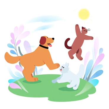 A group of three pets is playing together in a sunny backyard. One is a golden retriever with a wagging tail, another is a playful tabby cat leaping into the air, and the third is a small fluffy white dog running around in circles. The grass is vibrant green, and colorful flowers are blooming in the background. A bright sun is shining overhead, casting soft shadows on the ground.