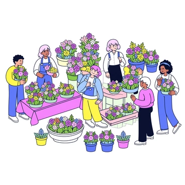 A flower market filled with vibrant bouquets of various colors and types. There are multiple vendors selling flowers, each with their own display of neatly arranged plants. The market is busy with customers browsing and selecting flowers. Brightly colored blooms, such as roses, tulips, and daisies, fill the stalls. Green leaves and petals create a lush, dynamic atmosphere. The scene is lively, showcasing the interaction between the vendors and the customers. Various containers and baskets are used to hold the flowers, adding to the market's charm. "Colorful flower market" is prominently visible amidst the activity.