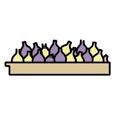 A rectangular tray made of wood holds an assortment of dried figs. The figs are plump and have a wrinkled surface texture. They are arranged in neat rows, with each fig placed closely together for an organized appearance. The colors of the figs range from deep brown to lighter tan, creating a natural gradient. The tray's edges are slightly raised, complementing the arrangement of the figs on top.