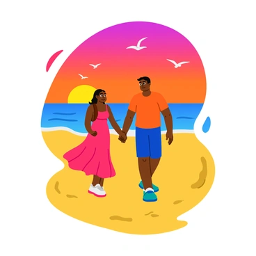 A couple walking hand in hand along a sandy beach. The beach features soft, golden sand with gentle waves lapping at the shore. The sky is filled with vibrant shades of orange, pink, and purple as the sun sets on the horizon. The couple is silhouetted against the colorful sky, with the woman wearing a flowing sundress and the man in casual shorts and a t-shirt. Their footprints are visible in the sand, leading towards the water. Seagulls can be seen flying in the distance, adding to the coastal atmosphere.