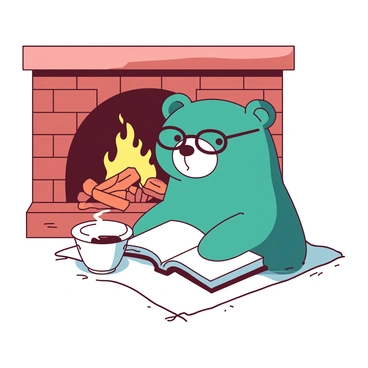A teal cartoon bear wearing round glasses is sitting on a white rug in front of a cozy fireplace. The bear is holding an open white book in its paws, with its eyes focused intently on the pages. The fireplace is made of red bricks, with flames gently flickering inside. There is a small pile of orange logs next to the bear, and a white steaming cup rests on the rug beside it. The warm glow from the fireplace casts a gentle light on the bear and the book.
