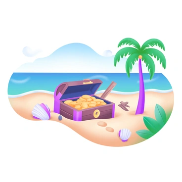 A treasure chest half-buried in the sand on a tropical beach, surrounded by seashells and small pieces of driftwood. The chest is slightly ajar, revealing a glimmer of gold coins spilling out. The sand is a light beige color with small footprints leading up to the chest. In the background, gentle waves lap at the shore under a clear blue sky. A few palm trees are swaying in the breeze nearby, adding to the tropical atmosphere.