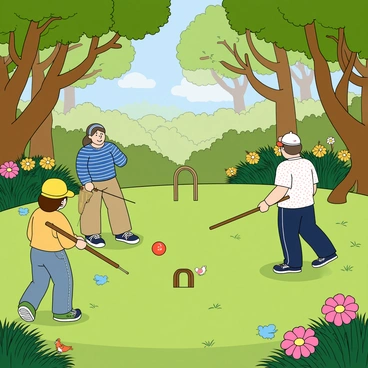 A croquet game taking place in a lush, magical forest. The scene is filled with vibrant trees with twisted trunks and leaves in various shades of green. Colorful flowers in hues of pink, yellow, and blue are scattered throughout the grassy field. Players are dressed in whimsical outfits, with one wearing a bright yellow hat and another in a polka-dot shirt. Croquet mallets are held in hand, and a large, brightly colored croquet ball is positioned near a wooden hoop. Soft rays of sunlight filter through the tree branches, casting playful shadows on the ground. The atmosphere is lively and cheerful, with birds and small creatures peeking out from behind the flowers and trees.