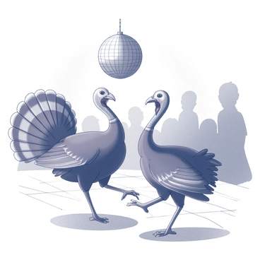 Two turkeys are positioned on a dance floor, engaging in a dynamic tango. One turkey has its wings elegantly extended, while the other turkey mirrors the pose, creating a sense of harmony in their movements. Above them hangs a large disco ball, casting intricate patterns of light across the floor. The background features a subtle suggestion of a crowd, with silhouettes enjoying the performance. The scene captures the energy of the dance, highlighting the turkeys' interactions as they twirl under the shimmering lights.