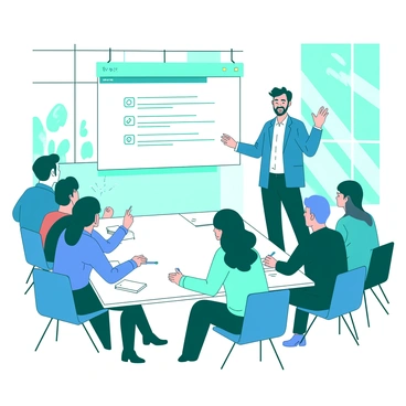A teal presenter stands at the front of a bright room, gesturing towards a large white presentation screen displaying key points. The presenter is wearing a smart blue suit, expressing enthusiasm as they engage with the audience. In front of the presenter, several participants are seated at a long white table. Each participant, a diverse group of individuals, is actively taking notes on white notepads. They are dressed in various professional outfits and appear focused, with some participants nodding in agreement while others raise their hands to ask questions. Sunlight streams through large windows, illuminating the scene and creating a productive atmosphere.