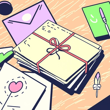 A stack of old love letters is neatly arranged and tied together with a red ribbon. The letters have yellowed edges, suggesting they have been cherished for a long time. Each envelope is slightly worn, and some are sealed with wax. The wooden table has a rich texture and natural grain, creating a warm and inviting atmosphere. Soft shadows fall across the table from the letters, enhancing the nostalgic feel of the scene. In the background, there are visible hints of other vintage items, such as an antique ink bottle and a quill, adding to the overall composition.