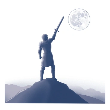 A silhouette of a warrior standing atop a hill. The figure is in a dynamic pose, with one arm raised high, holding a sword that points towards the full moon. The warrior is dressed in armor that is outlined against the bright moonlight. The hill is gently sloping, and the horizon is visible in the background. The full moon is large and luminous in the night sky, casting a subtle glow around the warrior and highlighting the contours of their form.