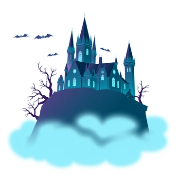 A large, spooky mansion perched on a high hill, characterized by its Gothic architecture featuring tall, pointed towers and dark stone walls. The windows are stained glass, reflecting a subdued light. Around the mansion, several bats are flying, their silhouettes outlined against the dim sky. A thick layer of fog rolls in, enveloping the base of the hill and partially obscuring the view of the surrounding landscape. The atmosphere is eerie, with the faint hint of gnarled trees in the foreground.