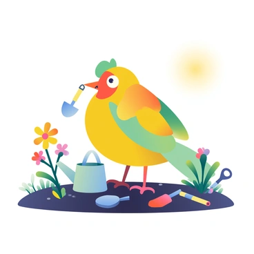 Jo bird tending to a small garden with tiny gardening tools