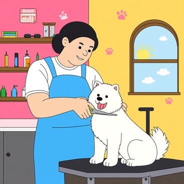 A pet groomer with light skin and dark hair is carefully trimming the fluffy fur of a small white dog. The groomer is wearing a bright blue apron over a white t-shirt, focusing intently on the dog's fur with a pair of scissors. The dog has a cheerful expression, its tongue out, sitting on a grooming table. The background features vibrant walls painted in shades of pink and yellow, with various pet grooming tools neatly organized on shelves. There are playful decorations like paw prints and bones on the walls, and a bright window showing a sunny day outside. A calendar on the wall indicates it is Wednesday.