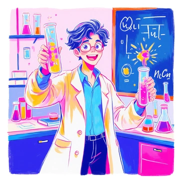 A scientist with short black hair and wearing a white lab coat stands in a laboratory. He has a look of triumph on his face, with a broad smile and wide eyes. In his right hand, he is holding up a test tube filled with a bright, bubbling liquid that displays a vivid reaction, with colorful swirls and sparks emanating from it. The laboratory is filled with various beakers and scientific equipment, and a large chalkboard in the background has complex formulas and diagrams written on it.