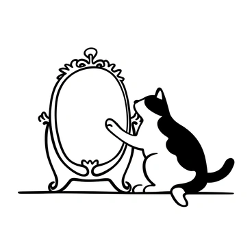 A black-and-white cat sitting on a wooden surface, leaning forward with its body slightly angled as it curiously examines its own reflection in a large, ornate mirror. The mirror frame features intricate designs, and the surface reflects the cat's distinctive black and white fur patterns. The background is simple and unobtrusive, allowing the focus to remain on the cat and its interaction with the reflection. The cat's tail is raised and slightly curled, adding to the sense of curiosity and engagement.