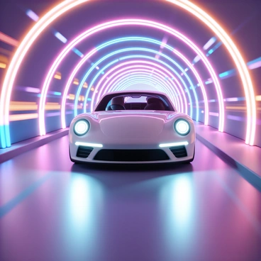 A car driving through a brightly lit tunnel with light patterns creating dynamic visuals