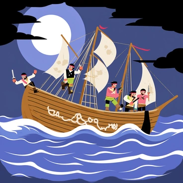 A group of pirates with bandanas and eye patches are boarding an enemy ship. The pirates are climbing over the side of the ship using ropes and grappling hooks. The scene is illuminated by a bright full moon casting a silver glow on the choppy waves. The enemy ship is depicted with tattered sails and fierce-looking crew members ready to defend their vessel. Dark storm clouds loom overhead adding tension to the night sky. The water splashes around the ships as the pirates and enemy crew engage in a battle with swords and cutlasses drawn.