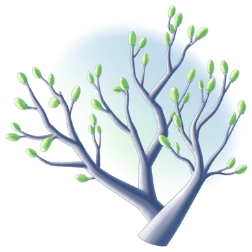 Tree branches are adorned with new green buds, signaling the arrival of spring. Each branch extends outward, showcasing clusters of vibrant buds in various stages of bloom. The background features a clear blue sky that creates a striking contrast with the fresh greenery. The sunlight casts gentle shadows on the bark, highlighting the texture and details of the tree.