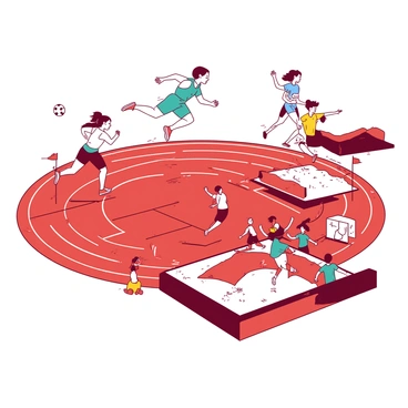 A red track field features a diverse group of athletes participating in various sports. In one scene, a white female sprinter is sprinting down the track, her determined expression captured as she focuses on the finish line. Nearby, a teal male long jumper is captured mid-air, soaring above a sand pit with his arms outstretched. In another section, a group of athletes is playing soccer, with a yellow female player kicking the ball towards a goal while a diverse group of teammates and opponents are positioned around her. Additionally, a small group of athletes is engaged in a basketball game on a court, showcasing a blue male player jumping to make a shot while a white female defender attempts to block him. Each athlete is depicted in vivid motion, illustrating the excitement of sports.