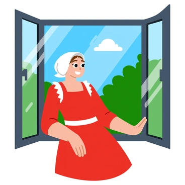 A handmaid wearing a long red dress with white accents is peering out of a barred window. Her expression is one of hope and longing as she gazes into the distance. The window has thick, dark bars framing a view of a blue sky. Outside the window, lush green trees are visible, symbolizing the freedom she dreams of. Soft rays of sunlight illuminate her face, enhancing the contrast between her confined space and the vibrant world beyond.