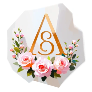 A personalized monogram featuring the letters "A" and "B" intertwined in an elegant design. The monogram is surrounded by delicate floral elements, including soft pink roses, small green leaves, and twisting vines. The arrangement creates a harmonious balance between the monogram and the floral embellishments, giving it a refined and graceful appearance. The overall composition is centered, with the floral elements gently framing the letters, enhancing their visibility.