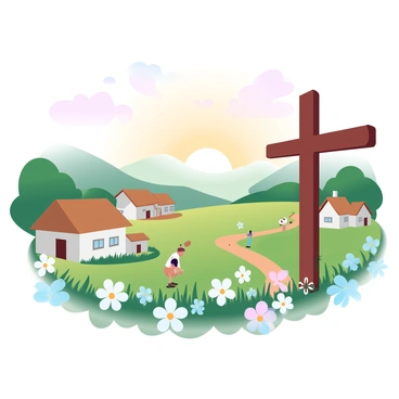 A wooden cross stands prominently in a quaint rural village, surrounded by lush green fields and small, charming houses with thatched roofs. The sun is setting, casting a warm, golden light across the landscape. In the foreground, wildflowers bloom in various colors, adding vibrancy to the scene. A few villagers can be seen in the distance, tending to their gardens and carrying baskets. Soft, rolling hills frame the background, creating a serene and peaceful atmosphere. A small path winds through the village, leading the viewer's eye towards the cross that stands tall among the tranquil rural setting.