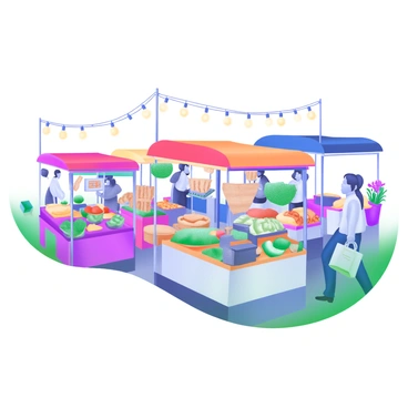 A vibrant marketplace filled with numerous stalls selling various goods. Each stall is covered with colorful canopies in shades of red, blue, yellow, and green. The stalls display an assortment of items, including fresh fruits and vegetables, handmade crafts, and textiles. Shoppers can be seen browsing the goods, carrying bags of their purchases. Strings of lights hang above the marketplace, adding to the lively atmosphere. Bright flowers in pots are placed throughout the stalls, contributing to the cheerful environment.