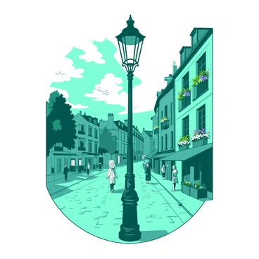 A teal street scene in Paris features a tall black lamp post with intricate small fleur-de-lis details adorning its structure. The lamp is illuminated, casting a warm glow onto the cobblestone pavement below. Surrounding the lamp post are charming, historic buildings with balconies and flower boxes filled with vibrant flowers. A soft breeze gently rustles the leaves of nearby trees, enhancing the lively atmosphere of the bustling street. In the background, a group of people can be seen walking and enjoying the ambiance of the city.