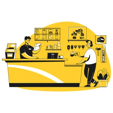 A motorcycle shop's checkout counter is visible, featuring a sleek design with various motorcycle gear displayed on shelves behind it. The cashier, a smiling person wearing a black polo shirt and a name tag, is assisting a customer who is leaning over the counter, looking at a catalog. The customer has a helmet resting on the counter and is holding a set of keys. On the side, there are motorcycle parts and tools neatly organized, and a large poster of a motorcycle is hanging on the wall. The atmosphere is busy yet welcoming.