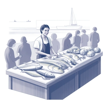 A seafood vendor is standing behind a wooden stall filled with an assortment of fresh fish and shellfish. Various types of fish, including large flat fish, shiny silver fish, and clusters of bright clams, are organized neatly on ice. The vendor, wearing an apron, is smiling and interacting with customers. The market is bustling with activity, with people browsing and shopping around the vendor's stall. The backdrop features a view of the sea with boats gently bobbing on the water.