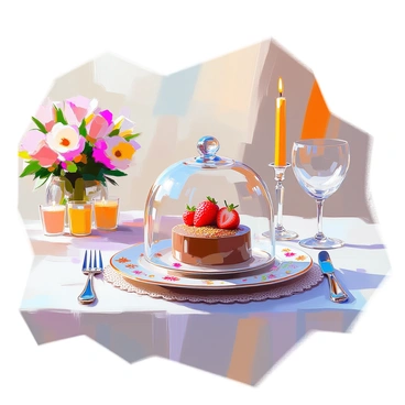 A glass cloche is placed over a beautifully arranged dessert, showcasing a delicate chocolate mousse topped with fresh strawberries and a sprinkle of edible gold. The dessert sits on a fine china plate with intricate floral designs, surrounded by a polished silver fork and knife. The dining table is adorned with an elegant tablecloth featuring lace details, and there are subtle candlelight reflections creating a warm ambiance. In the background, a tastefully set table includes crystal wine glasses and an ornate centerpiece of fresh flowers.