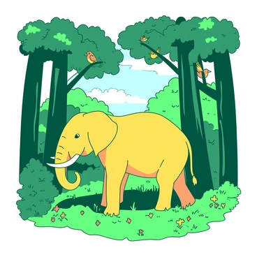 A yellow elephant is walking through a dense forest, surrounded by towering green trees with thick trunks and lush foliage. The ground is covered in vibrant green grass and small colorful wildflowers. Above, various birds with bright feathers are perched on branches, chirping happily. Sunlight filters through the leaves, creating dappled patterns on the forest floor. The elephant looks curious as it explores its surroundings, with one trunk raised, as if sniffing the air.
