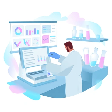 A scientist is standing in a lab setting, wearing a white lab coat and protective gloves. The scientist is focused on a complex piece of PMAT analysis equipment that is prominently positioned on a table. Colorful data displays are arranged on the walls and counters, showcasing vibrant graphs and charts that highlight various data points. The lab is filled with various glassware, tubes, and other scientific instruments. Soft gradient pastel colors illuminate the scene, creating a visually engaging atmosphere.