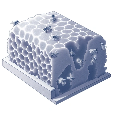 A close-up view of a bee hive filled with intricate honeycombs. The honeycombs are hexagonal and glistening, showing textures and patterns created by the bees. Numerous bees are actively moving around; some are gathering nectar while others are tending to the hive. The scene captures the busy activity of the bees, with some perched on the honeycomb and others flying in and out of the hive entrance.