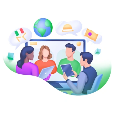 A modern pastel illustration featuring a group of diverse webinar participants, each representing different countries. Each participant has distinct features and attire reflecting their cultural backgrounds. Surrounding them are various global icons, including a globe, a speech bubble, and flags from different nations. The participants are arranged in a semi-circle, engaging with one another as they interact during the webinar. There are also devices such as laptops and tablets in front of each person, illustrating the online nature of the event.