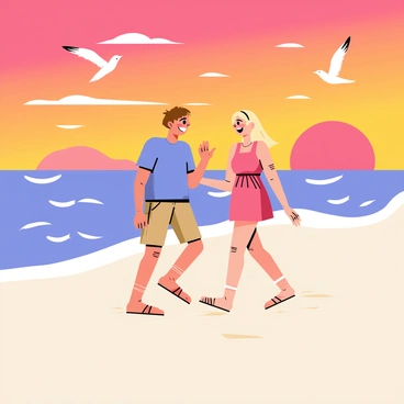 Two friends walking along a sandy beach at sunset. One friend has short brown hair and is wearing a blue t-shirt, while the other has long blonde hair and is dressed in a pink sundress. They are smiling and engaged in conversation, with gentle waves lapping at their feet. The sky is filled with vibrant shades of orange, pink, and purple as the sun sets on the horizon. Seagulls are flying in the background, adding to the lively atmosphere of the beach scene.