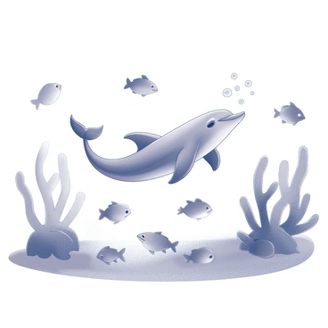 An underwater scene featuring a variety of fish with simple shapes swimming around. The fish are scattered throughout the image, some near the coral formations in the background. The coral structures have a diverse texture, providing a habitat for the marine life. A dolphin is prominently displayed, swimming joyfully through the water, its body curved playfully. Bubbles rise from the dolphin as it moves, adding a sense of movement to the composition.