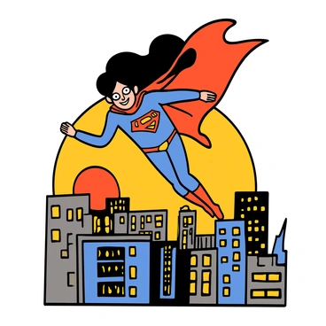 A female superhero with long flowing black hair wearing a tight-fitting blue and silver suit is soaring through the sky. She has a determined expression on her face, and her cape billows behind her as she flies. Below her, a vibrant cityscape is visible, with tall skyscrapers and bustling streets. The sun is setting in the background, casting a warm golden light over the scene.
