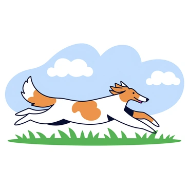 A borzoi with a long, slender body is sprinting across a grassy field. Its silky white coat with tan patches billows elegantly in the wind as it runs. The grass beneath its feet is a vibrant green, swaying slightly with the movement. The borzoi's long legs extend gracefully with each stride, capturing the energy of its swift motion. The background features a clear blue sky with a few fluffy white clouds, adding to the sense of freedom in the scene.