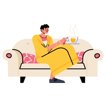 A person sitting comfortably on a plush couch, wrapped in a soft, warm throw. They are holding a steaming cup of tea with a delicate handle, and wisps of steam rise gently from the cup. The couch features a cozy design with patterned cushions. The person has a relaxed posture, embodying a sense of comfort and contentment while enjoying the cozy atmosphere.