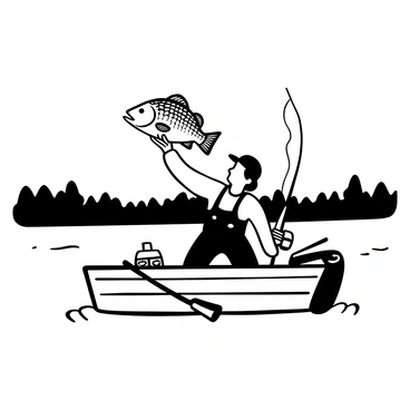 An angler wearing a hat and a fishing vest is standing in a boat, holding a large largemouth bass above the water with both hands. The fish is prominently displayed, showcasing its size and features. In the background, a scenic lake stretches out with gentle ripples on the surface, and silhouettes of trees lining the shore can be seen. The boat is equipped with fishing gear, including rods and tackle boxes, creating an atmosphere of a successful fishing trip.