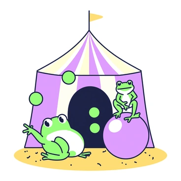 A frog is juggling three small green balls in the center of a circus ring. The frog has bright, shiny skin and big eyes, focused on its task. Nearby, a toad is balancing on top of a large round ball. The toad is plump and textured, maintaining perfect equilibrium. Above them, a vibrant circus tent is draped with stripes, creating a lively atmosphere. The tent's entrance features a large opening, and small colorful flags flutter at the top. The ground is covered with sawdust, adding to the circus ambiance.