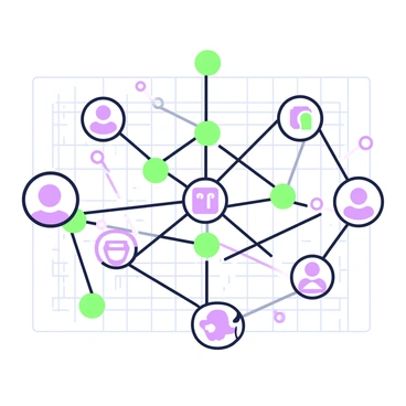 A network of interconnected nodes is displayed on a digital grid. Each node is represented as a small circle, with lines connecting them to show the linkage between different websites. Some nodes are larger, signifying more significant websites, while others are smaller, indicating lesser-known sites. The overall composition forms a web-like structure, emphasizing the connections and relationships between the nodes. Some lines are thicker to represent stronger backlinks, while thinner lines indicate weaker connections. The background features a faint grid pattern, enhancing the technological feel of the network.