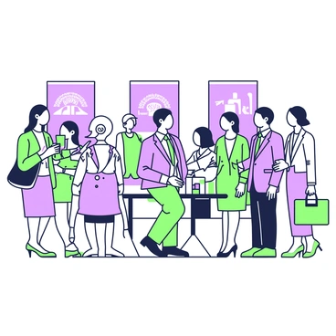 A group of business professionals is engaged in networking at a wholesale industry event. In the center, a man in a tailored suit is discussing with a woman wearing a stylish blazer. They are standing next to a table displaying promotional materials and brochures. Nearby, another woman is exchanging business cards with a man who has a professional laptop bag. Various attendees are scattered around the venue, some holding drinks while conversing in small clusters. Banners representing different companies are visible in the background, each featuring their logos prominently.